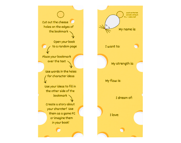 a screenshot of the front and back of a bookmark that have a cheese design to them and words explaining the character creator's mechanics