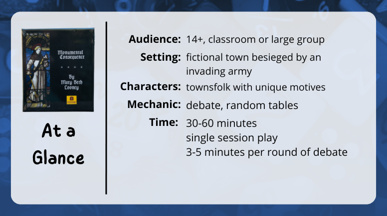 Monumental Consequences at a glance
Audience:
14+, classroom or large group
Setting:
fictional town besieged by an invading army
Characters:
townsfolk with unique motives
Mechanic:
debate, random tables
Time:
30-60 minutes
single session play
3-5 minutes per round of debate