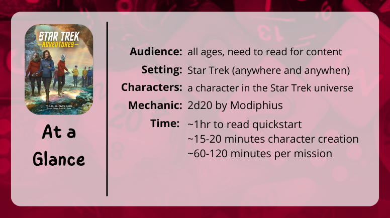 Star Trek Adventures at a glance

Audience: all ages, need to read for content
Setting: Star Trek (anywhere and anywhen) 
Characters: a character in the Star Trek universe
Mechanic: 2d20 by Modiphius
Time: ~1hr to read quickstart
~15-20 minutes character creation
~60-120 minutes per mission
