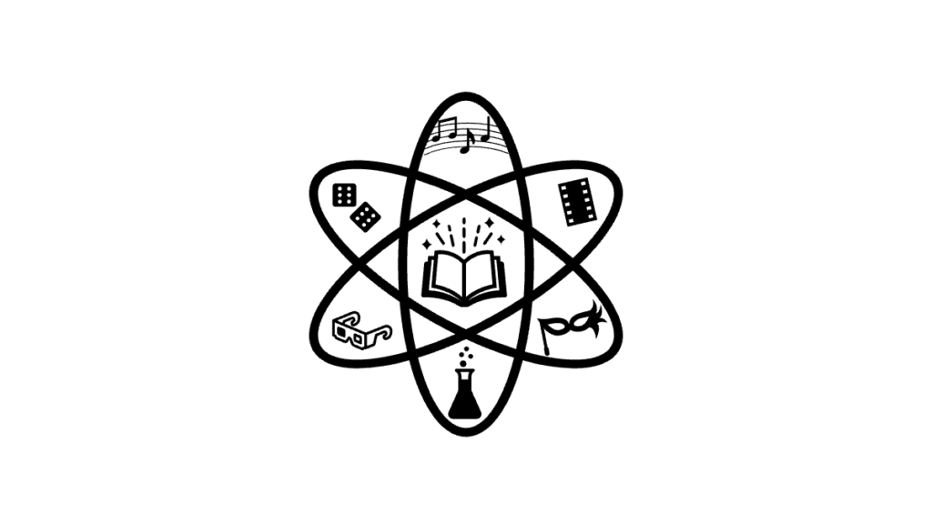 the confusion logo, which looks like an atom with symbols for music, film, cosplay, science, tech, gaming, and literature