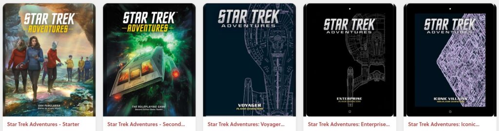 A screenshot of several Star Trek Adventures related covers ranging from the quickstar tto the toolkit to supplemental character and villain books