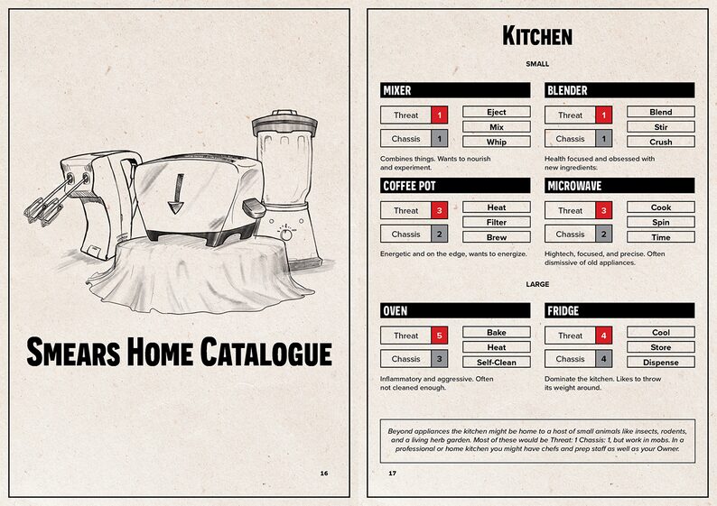 a page spread from the book showing the Smears Home Ctalogue and several character/NPC seeds from the Kitchen appliance section