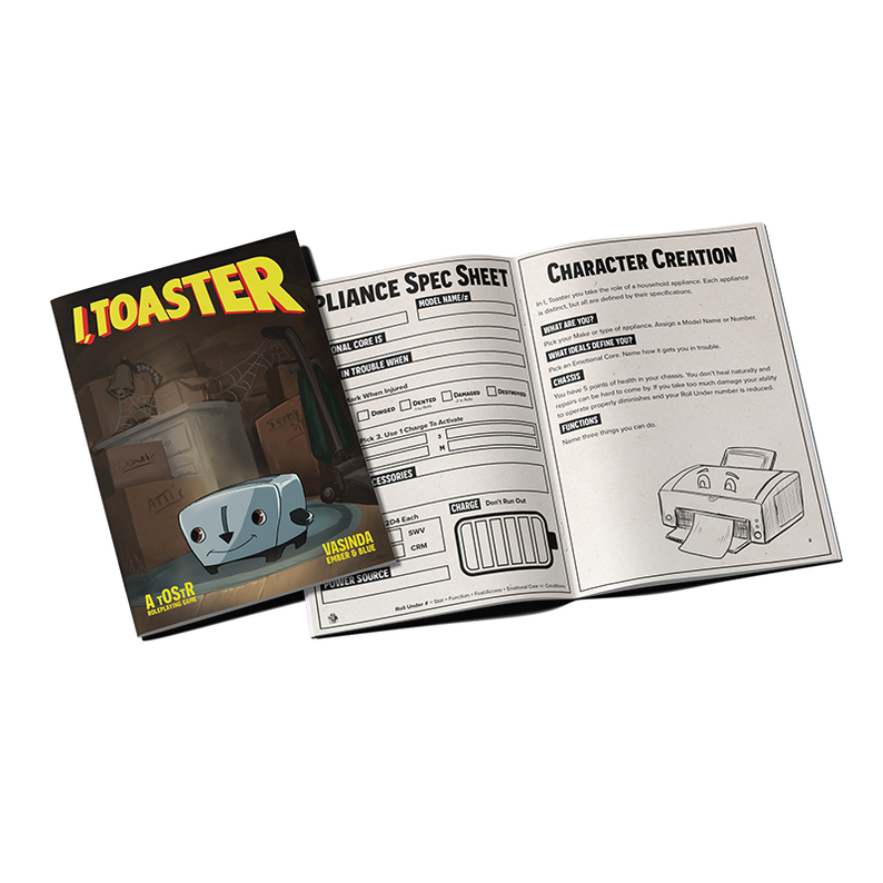 a mock up of the book's cover and a one page spread shwoing the character sheet and character creation pages