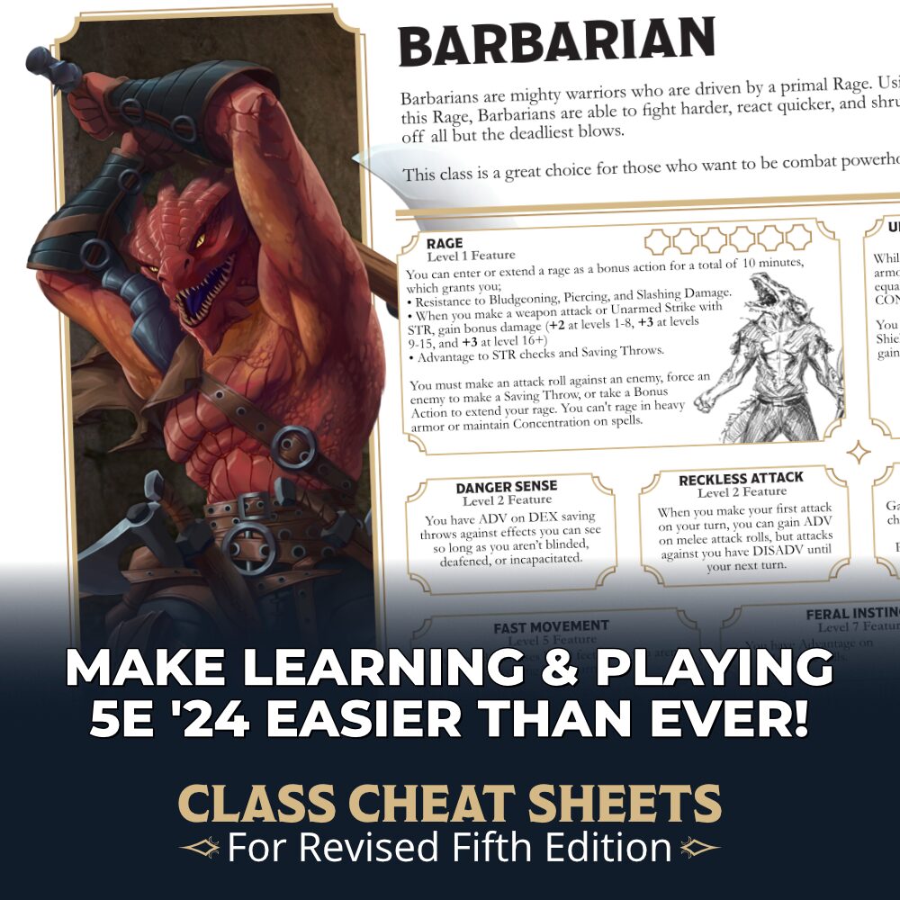  A square image showing the class cheat sheets for 5e 2024, which depicts a red-skinned dragonborn and text describing the barbarian abilities for the game. Text at the bottom of the image reads: "Make learning and playing 5e 2024 easier than ever! Class cheat sheets for revised fifth edition