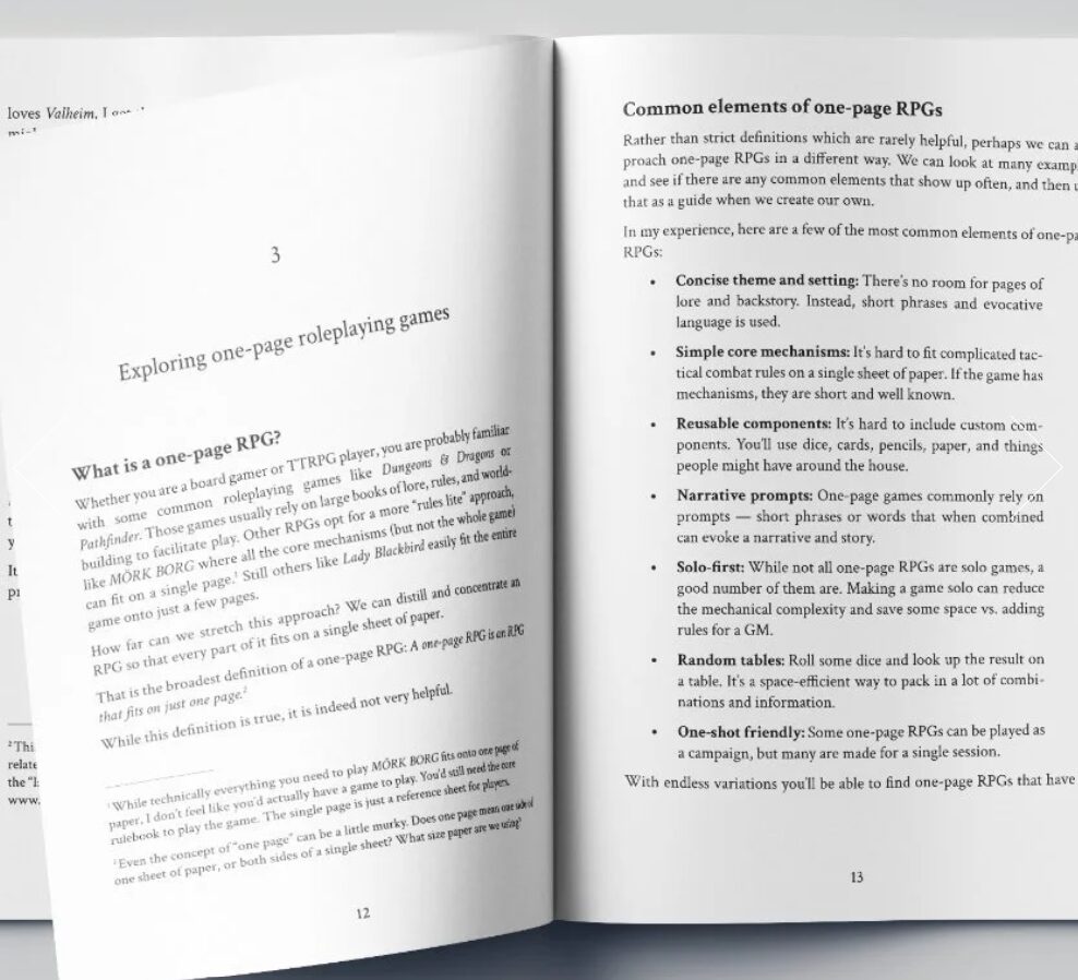 a mock up of an open page of Make Your Own One-Page Roleplaying Game with headers including "what is a one-page RPG?" and "common elements of one-page RPGs"