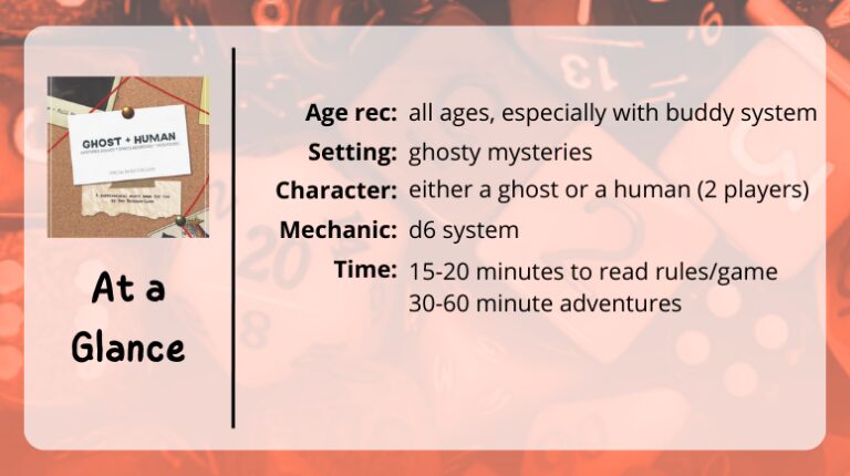 Ghost + Human at a glance
Age rec: all ages, especially with the buddy system
Setting: ghosty mysteries
Character: either a ghost or a human (2 players)
Mechanic: d6 system
Time: 15-20 minutes to read rules/game and 30-60 minute adventures