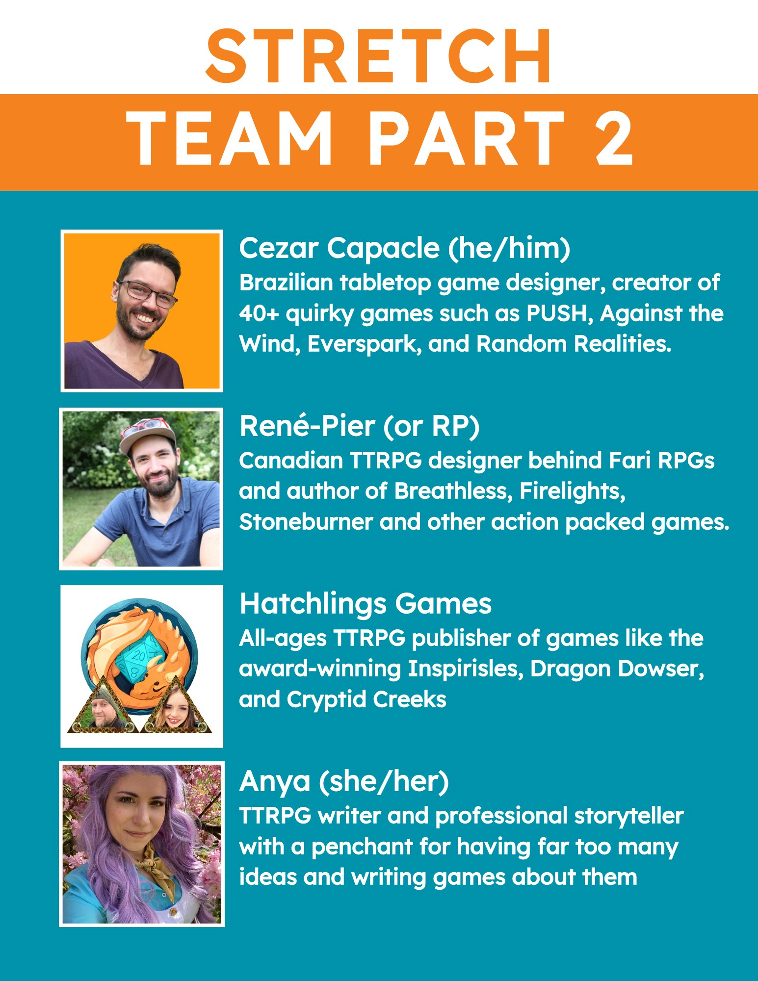 STRETCH
TEAM PART 2
Cezar Capacle (he/him)
Brazilian tabletop game designer, creator of 40+ quirky games such as PUSH, Against the Wind, Everspark, and Random Realities.
René-Pier (or RP) 
Canadian TTRPG designer behind Fari RPGs and author of Breathless, Firelights, Stoneburner and other action packed games.
Hatchlings Games
All-ages TTRPG publisher of games like the award-winning Inspirisles, Dragon Dowser, and Cryptid Creeks
Anya (she/her)
TTRPG writer and professional storyteller with a penchant for having far too many ideas and writing games about them