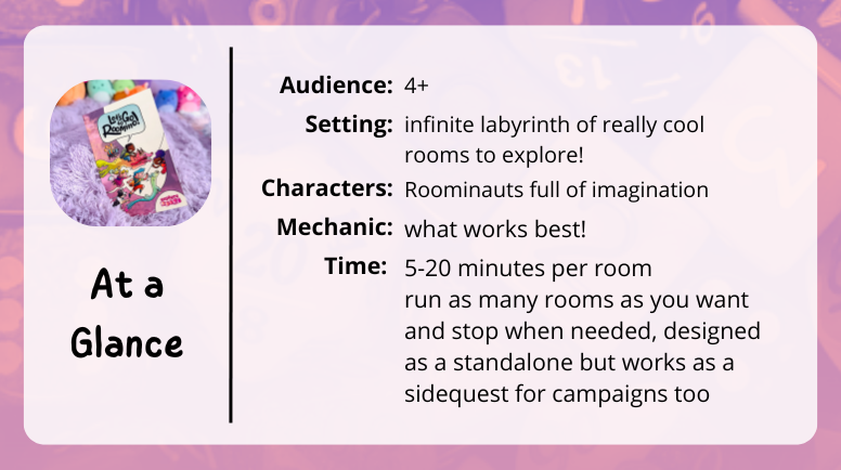 Let's go to Roomino!
At a
Glance

Audience: 4+

Setting: infinite labyrinth of really cool rooms to explore!

Characters: Roominauts full of imagination

Mechanic: what works best!

Time: 5-20 minutes per room
run as many rooms as you want and stop when needed, designed as a standalone but works as a sidequest for campaigns too