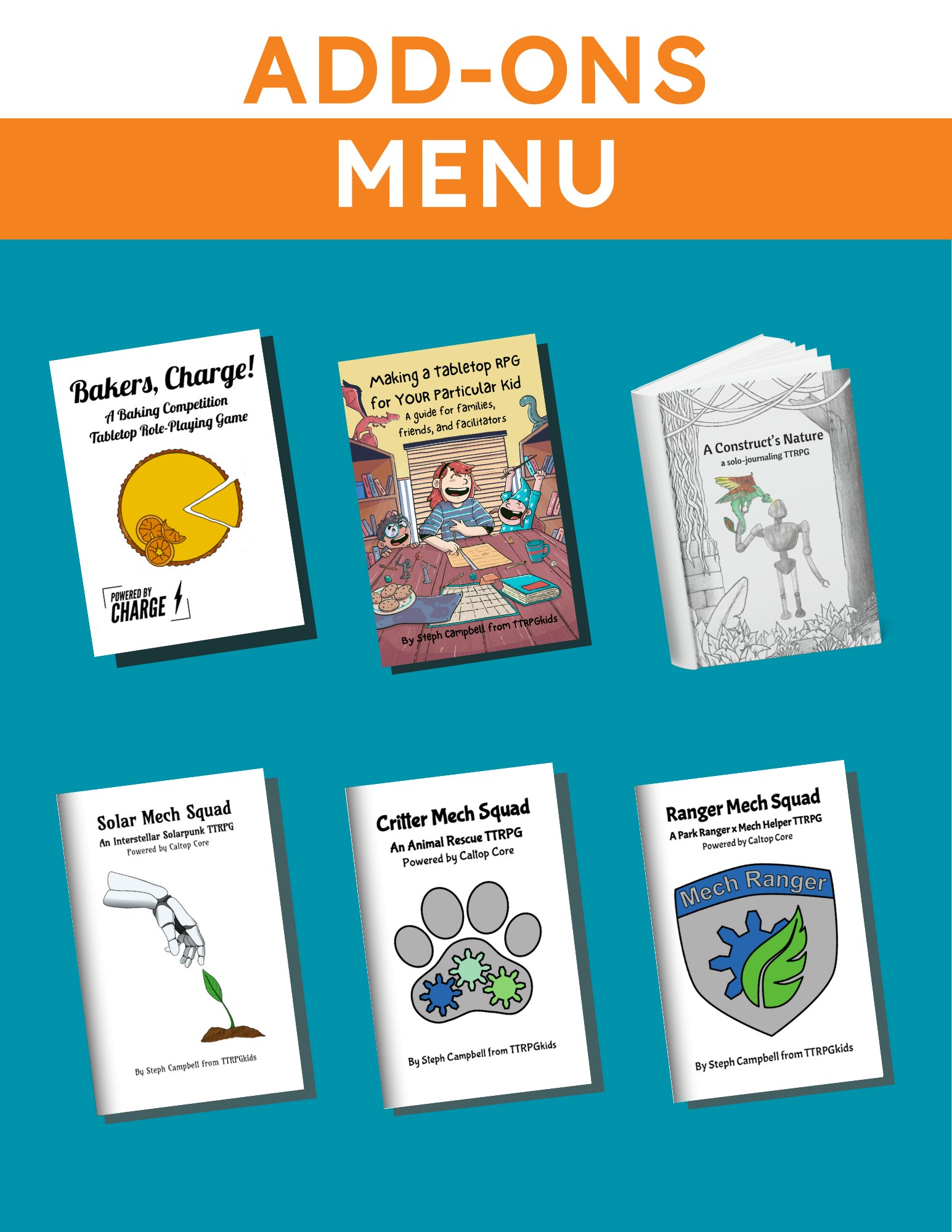 add-ons menu showing all previous TTRPGkids titles