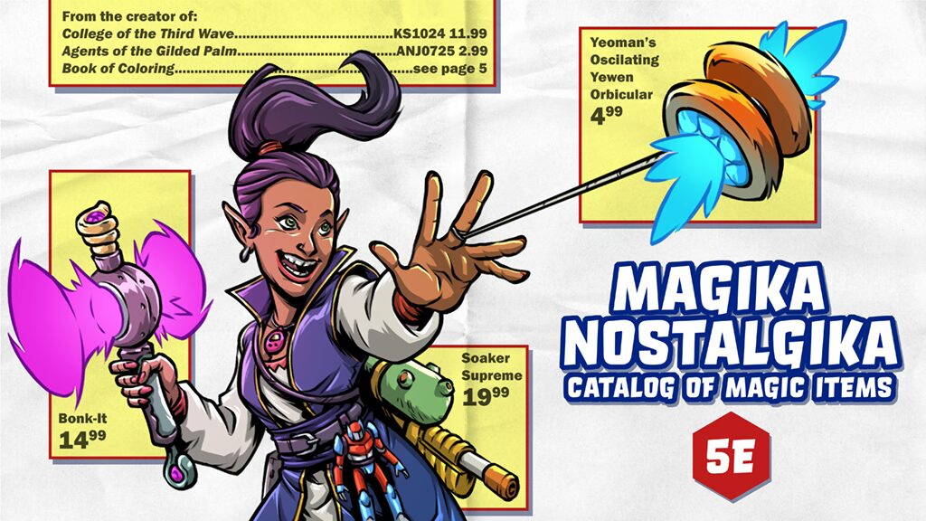 cover image for Magika Nostalgika catalog of Magic Items 5e showing a character using a magical yo-yo and decked out with sweet gear from the 90s
