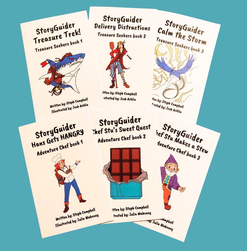 photo of 6 printed books from the StoryGuider series. Three are from the pirate trilogy and three are from the chef trilogy.