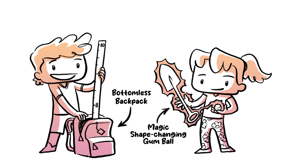 two characters each holding and using a bottomless back pack and a magic shape-chaning gumball (that's now a shovel)