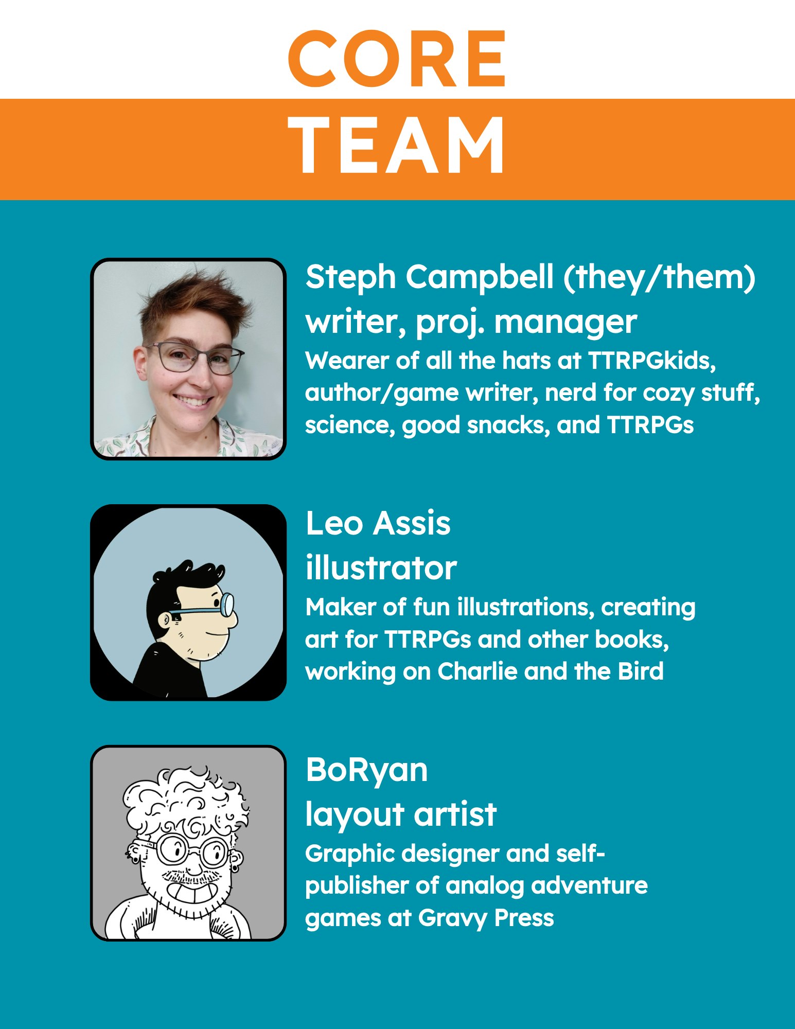 CORE
TEAM
Steph Campbell (they/them)
writer, proj. manager
Wearer of all the hats at TTRPGkids, author/game writer, nerd for cozy stuff, science, good snacks, and TTRPGs
Leo Assis
illustrator
Maker of fun illustrations, creating art for TTRPGs and other books, working on Charlie and the Bird
BoRyan
layout artist
Graphic designer and self-publisher of analog adventure games at Gravy Press