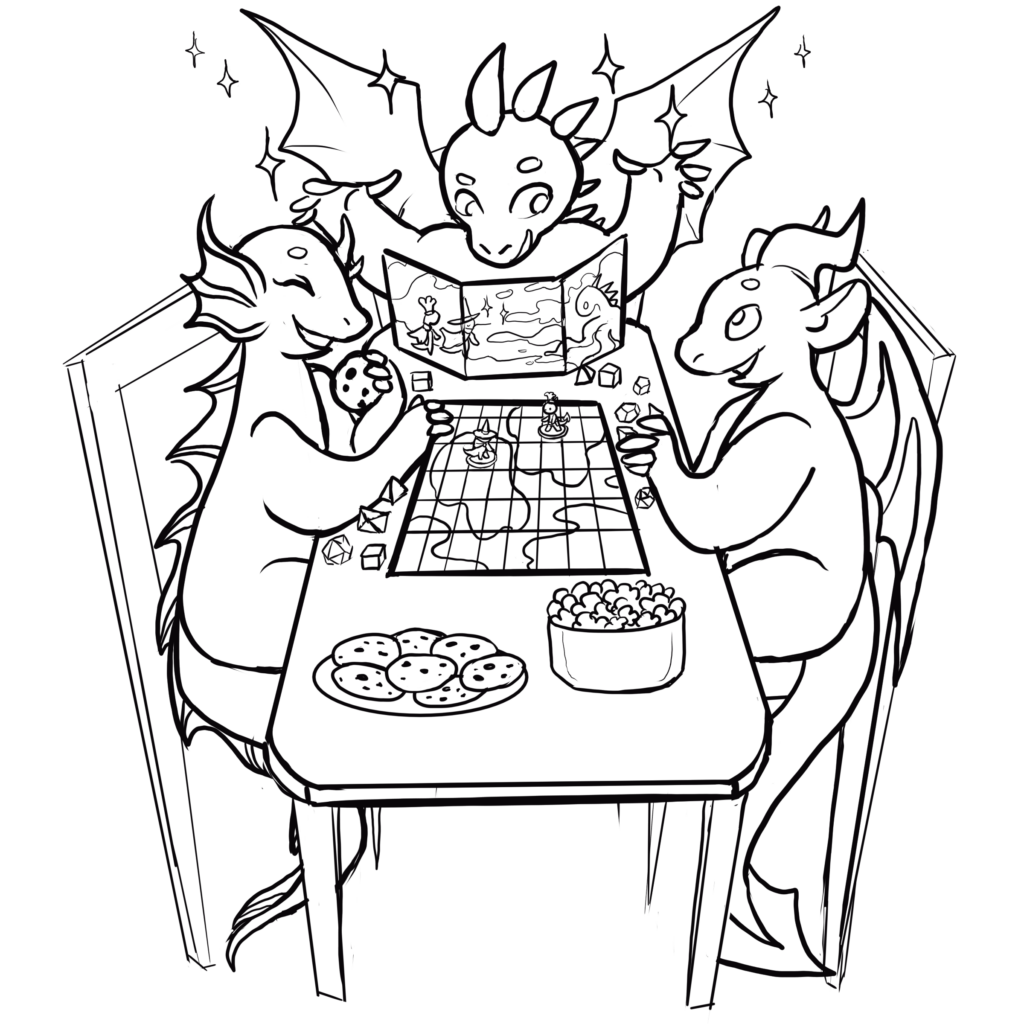 an illustration of three friendly dragons playing a tabletop RPG