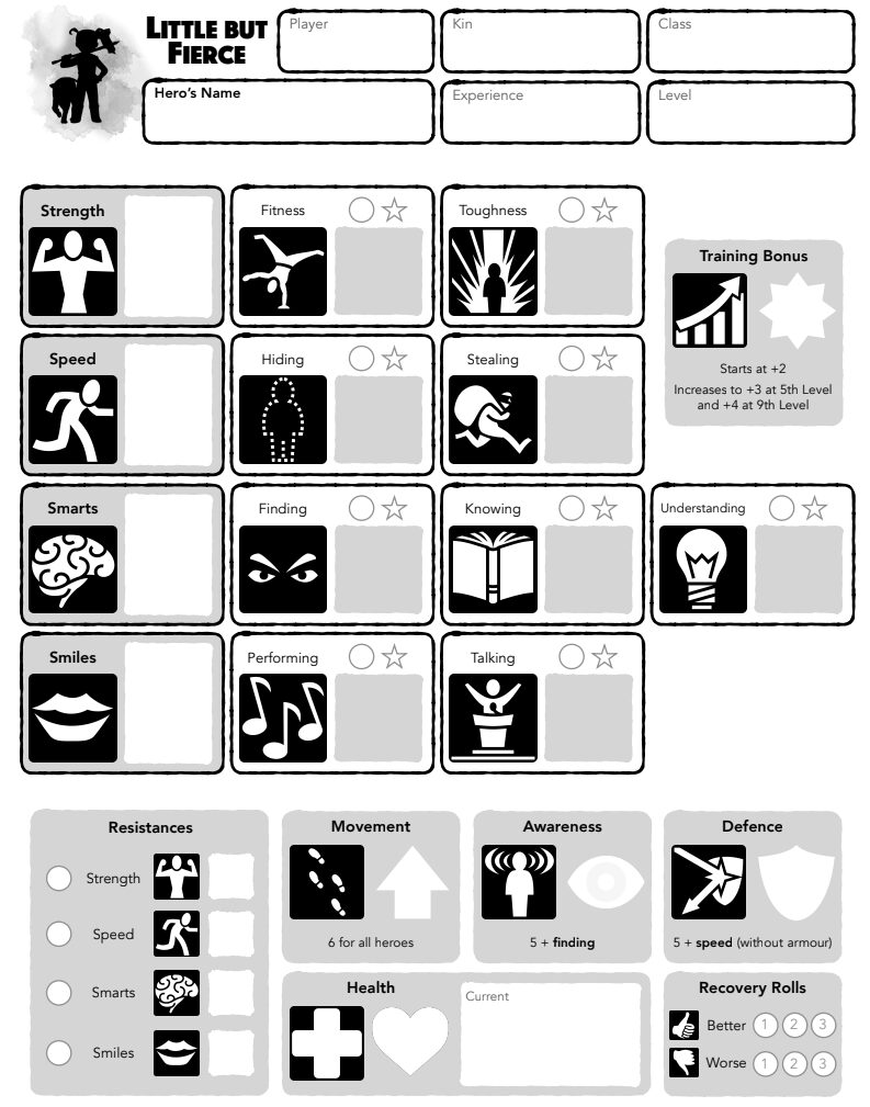character sheet for Little But Fierce focusing on pictures being used for stat identifiers