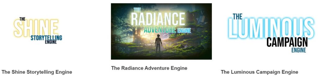 screenshot from the Oddfish website highlighting The Shine Storytelling System,  The Radiance Adventure engine, and The Luminous Campaign Engine