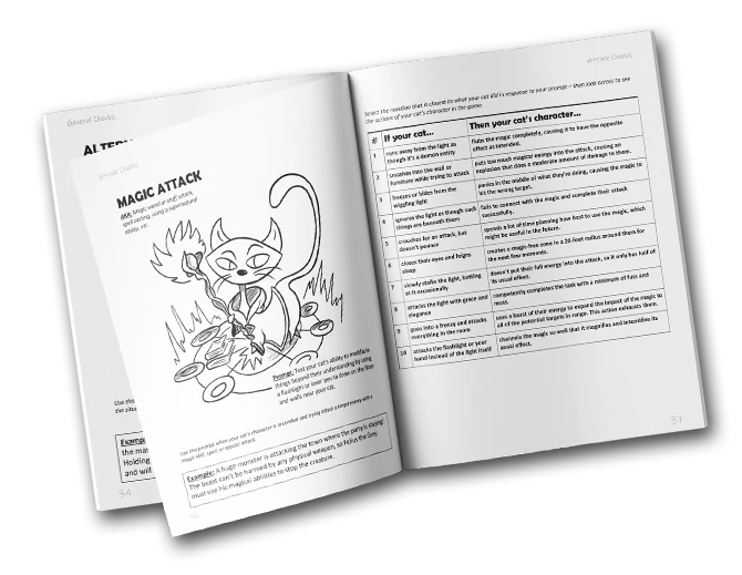 screenshot from the Oddfish Games site showing an interior view of the RPG with Your Cat book opened to a page for Magic Attacks