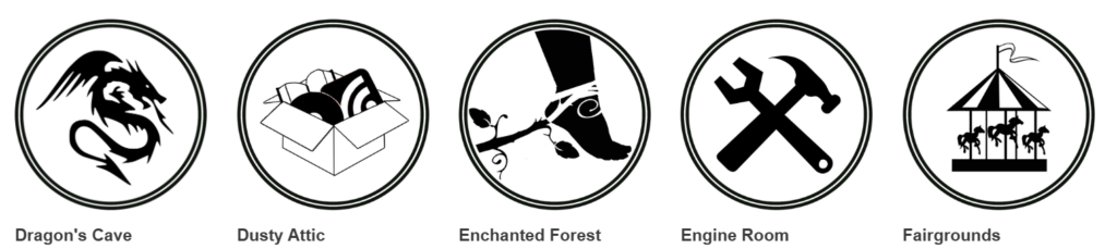 screenshot of symbols from the Adventure Scents site showing: 
Dragon's Cave
Dusty Attic
Enchanted Forest
Engine Room
Fairgrounds