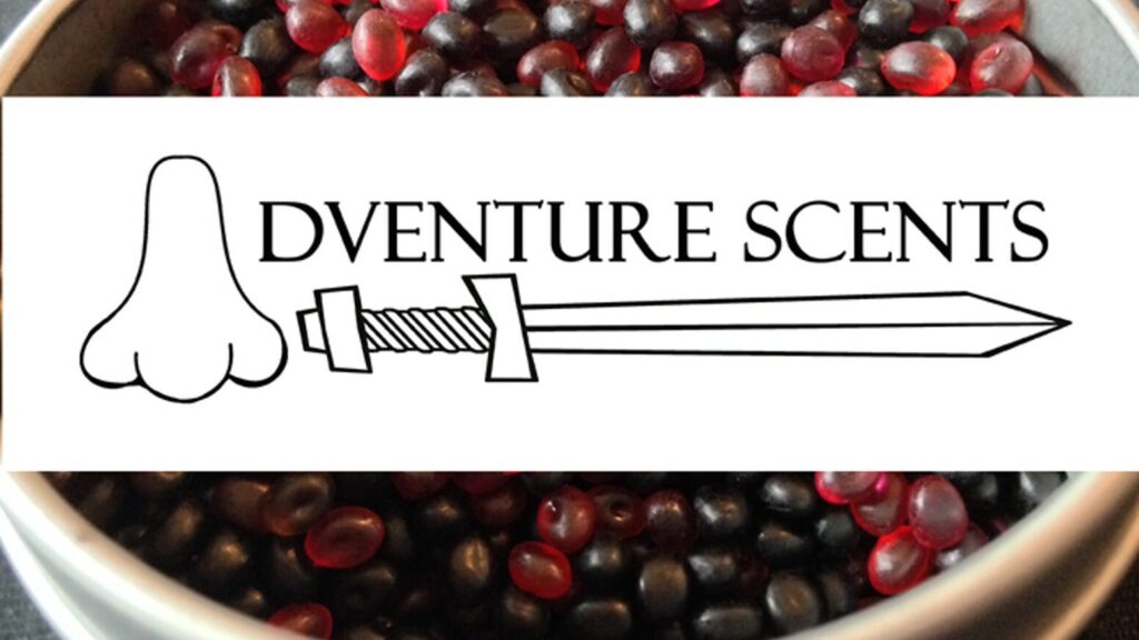 an image of the Adventure Scents logo (the A is a nose) overlayed atop a jar of wax melt beads