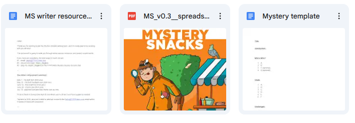 a screenshot of three document files: 
MS writer resources
MS v0.3 spreads
Mystery template