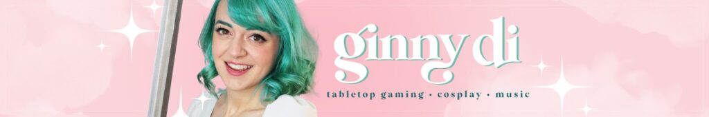 graphic with an image of Ginny Di holding a sword
text reads:
Ginny Di
tabletop gaming
cosplay
music
