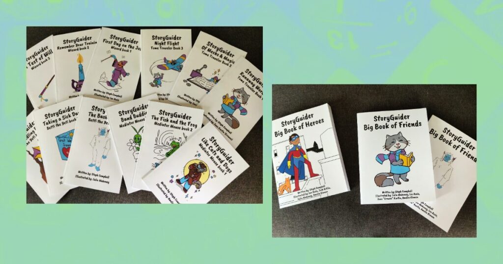 two photos showing the covers for all proof copies recieved for StoryGuider. The first image shows the 12 small books and the second image shows three big books - one is The Big Book of Heroes and the other two are cover variations for The Big Book of Friends