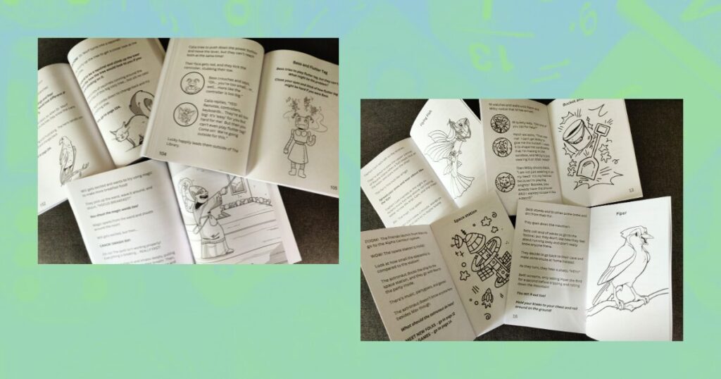 two photos showing the interior pages for the StoryGuider proofs displaying the print quality
