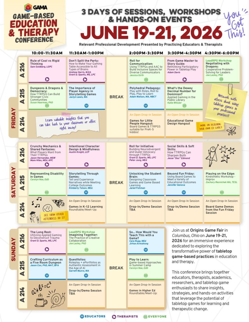 GAMA Game-Based EDU And Tehrapy Conference Schedule graphic - the graphic is more to show the scope versus event details, and there is a list of event names with links to all of these with the small print details below the graphic