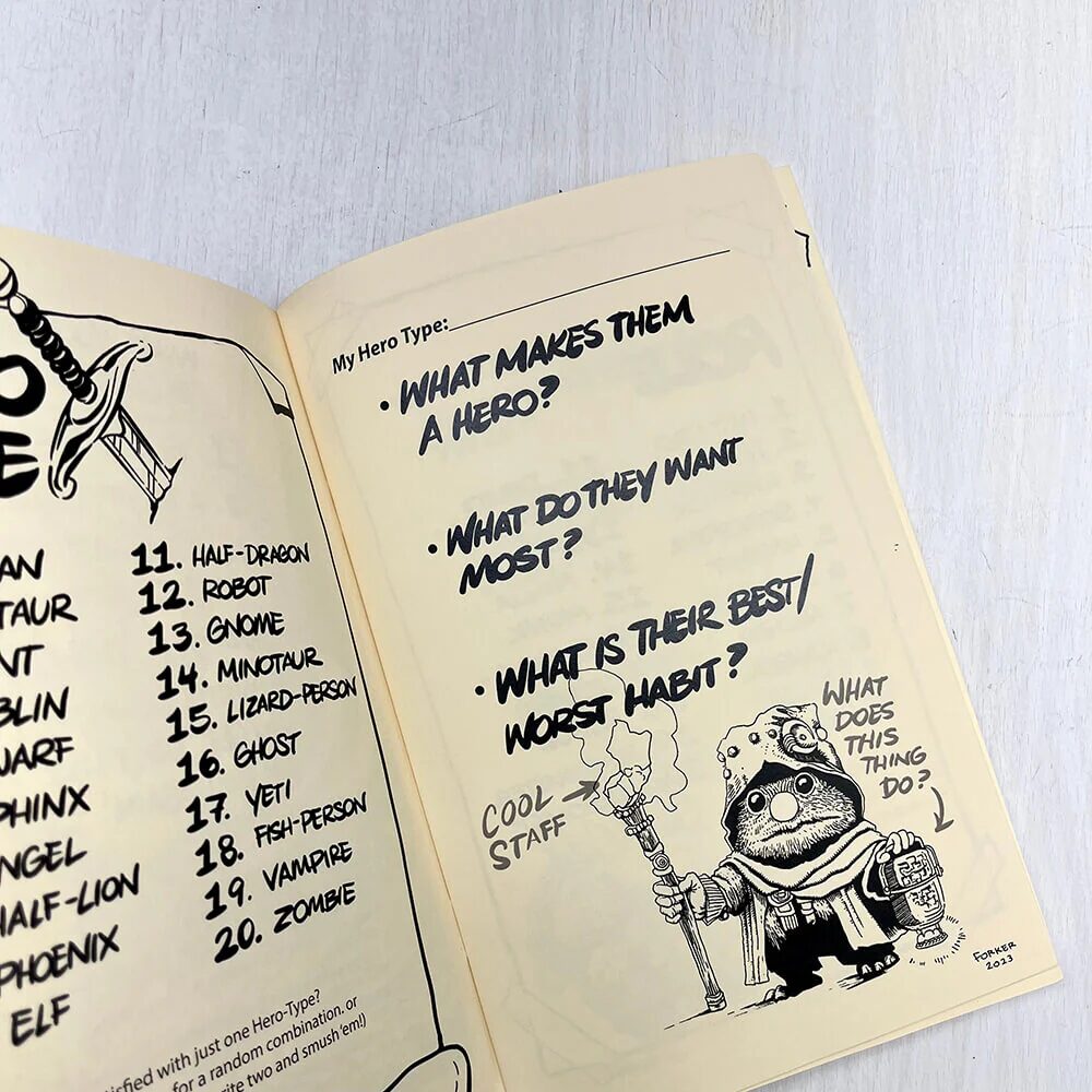 a photo of part of the "Hero Type" section of the book showing part of the role table, the three questions for the section, and illustration of a little mole-like characters holding a cool staff and some kind of device