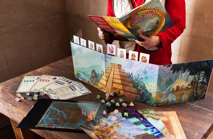 a photo of a GM with a cool GM screen, character order cards, character sheets, etc for the game