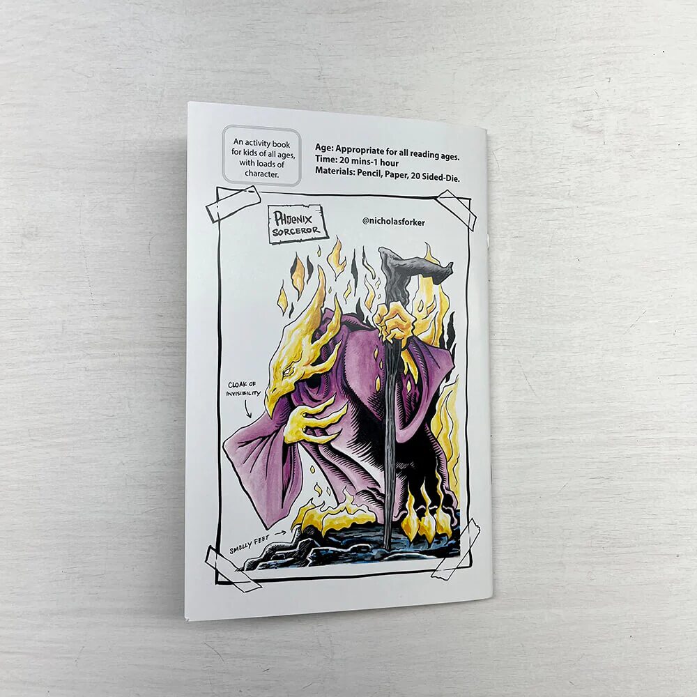a photo of the back cover of Make Yourself a Hero featuring an illustration of a pheonix sorcerer