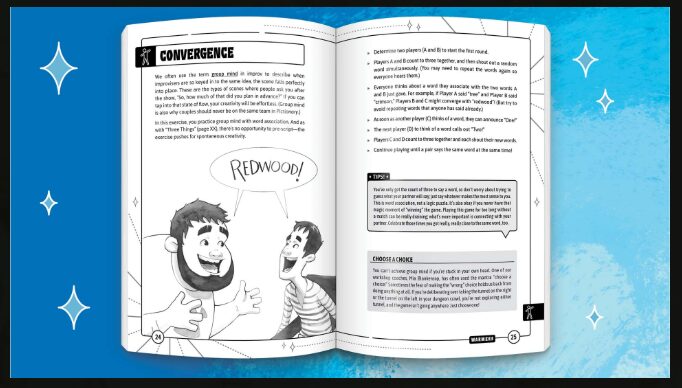an image of one of the spreads in the book, showing an activity called "convergence" where players end up shouting out the same word at the same time after guessing many related words