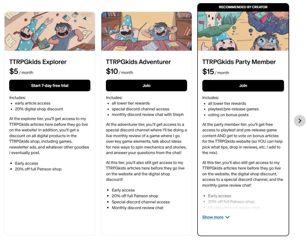 screenshot of the TTRPGkids patreon membership tiers listing perk ranging from early article access and shop discounts to discord channel access and a review chat to playtest and voting access.