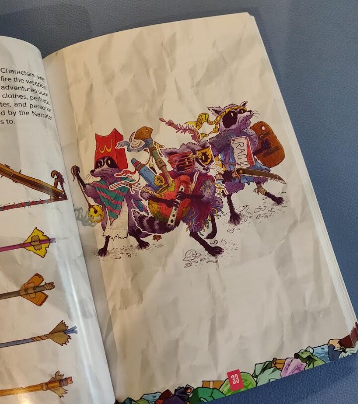 a photo of an interior picture from Garbage & Glory showing a band of raccoon warriors clad in trash armor