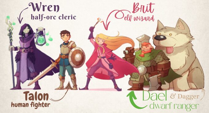 illustrations of the character from the book includeing (from left to right)
Wren, half-orc cleric
Talon, human fighter
Brit, elf wizard
Deal, dwarf ranger
Dagger, Dael's companion wolf