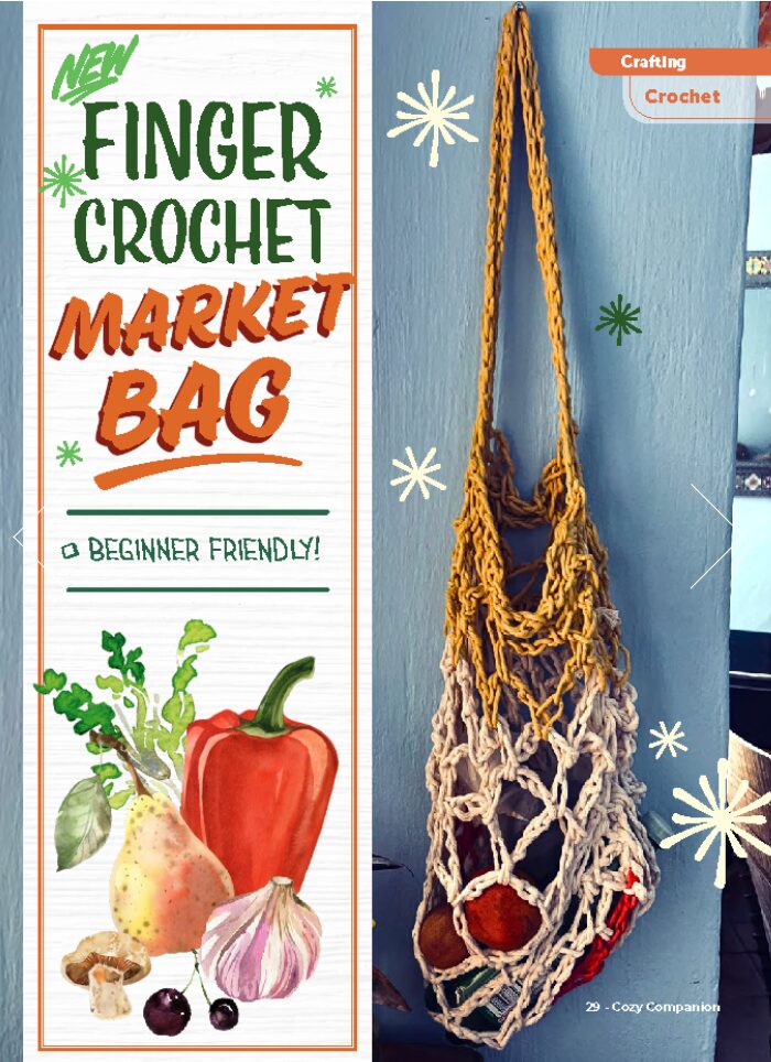 a screenshot of the finger crochet craft intro image from the magazine featuring a photo of the finger crochet bag, completed