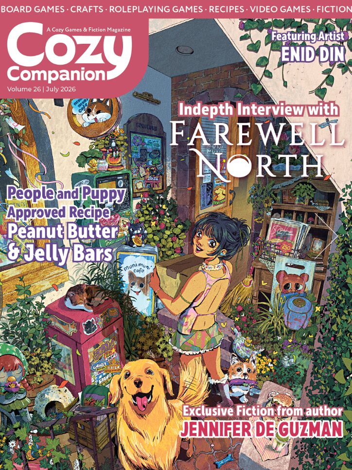 a screenshot of the cover of cozy companion volume 26 (July) featuring illustrations of a shop owner and her golden retriever
