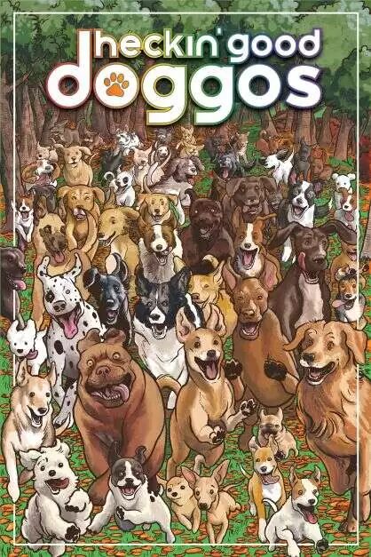 a screenshot of the cover of heckin good doggos featuring art of a crowd of dogs running towards the reader
