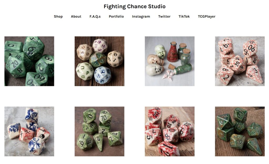 a screenshot from the Fighting Chance Studio website showcasing several different types of ceramic dice creations