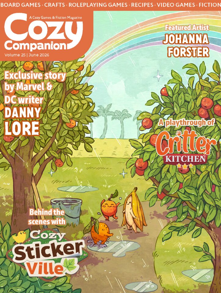 a screenshot of the cover of Cozy Companion volume 25 (June) featuring images of fruits happily dancing in the rain