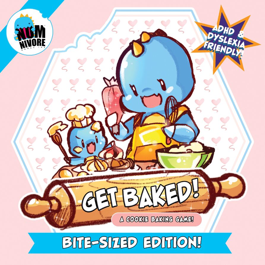 the cover of Get Baked! a Cookie Baking Game Bite-Sized Edition
This includes an illustration of dinosaurs baking cookies