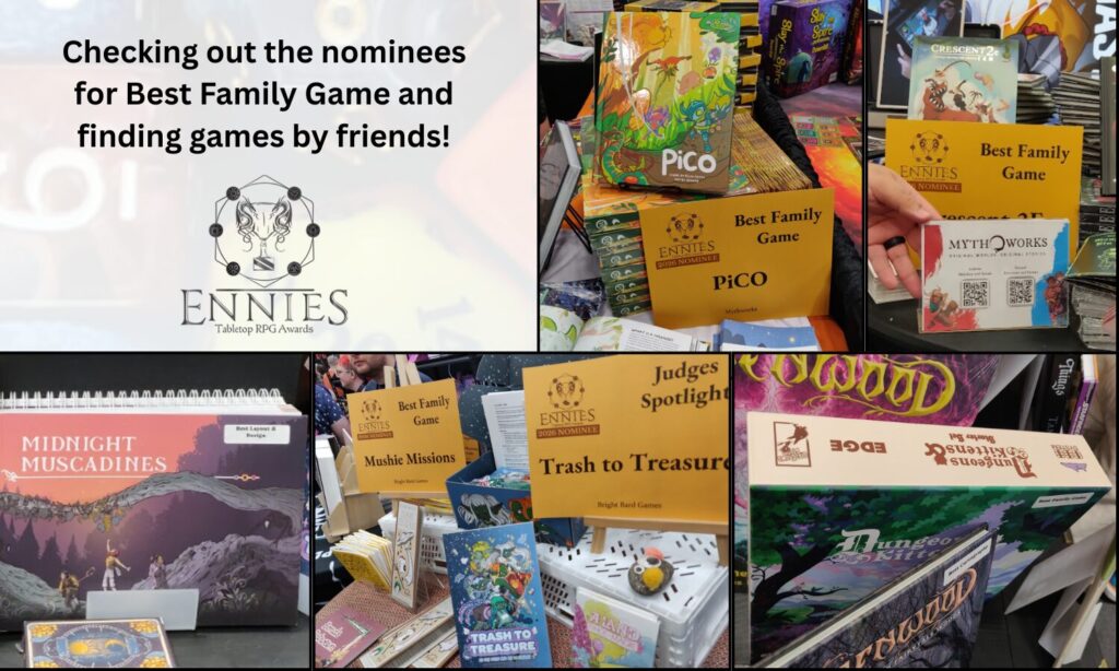 Checking out the nominees for Best Family Game and finding games by friends!

Shows the Ennies logo and a collage of photos highlighting ENnies nominees (which are also listed below this image)