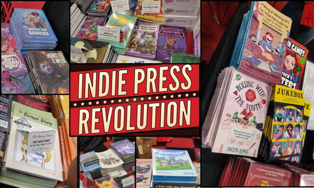 a collage of game photos surrounding the Indie Press Revolution logo.  A list of the highlighted games is above this photo.