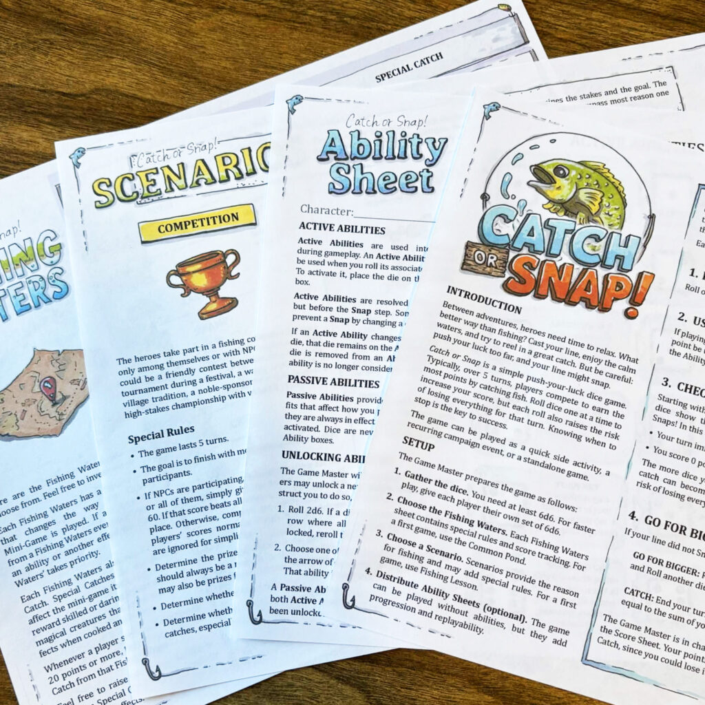 a spread of printed game sheets for Catch or Snap