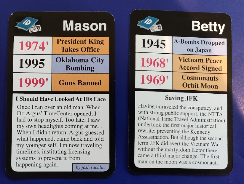Two of the character cards from Chrononauts, one from the expansions and one from the base game.
One card is for Mason, a time traveller from the expansion who ran over himself in a car during a time traveling mission. The other is for Betty who went back in time to stop the JFK assassination.