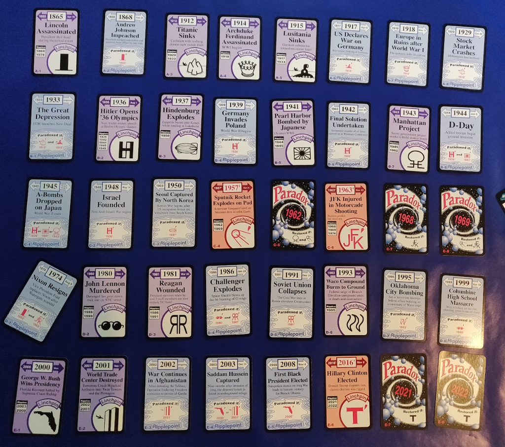 a photo of the end game gameboard with several cards flipped to show that they were altered.