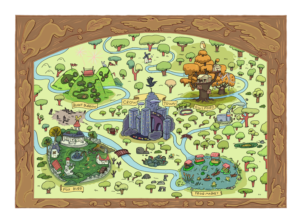 an illustration of a map showing locations like:
Bunny Burrow
Fox Burg
Crow Town
Owlford
and Frog Market