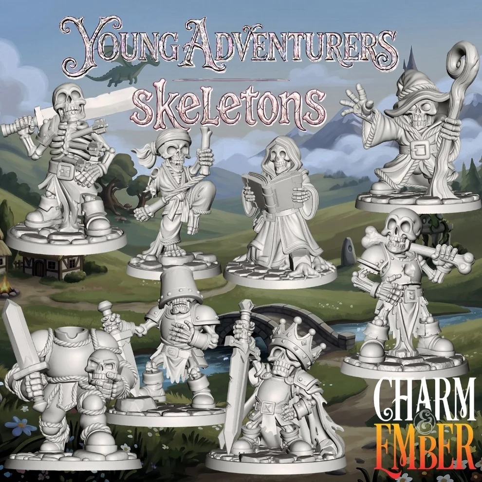 an image showcasing several skeleton minis with large pain areas for kids to use