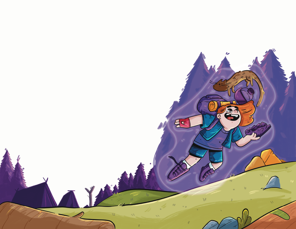shows an illustration of a kid holding a rock and surrounded by magic while she and her pet ferret fly