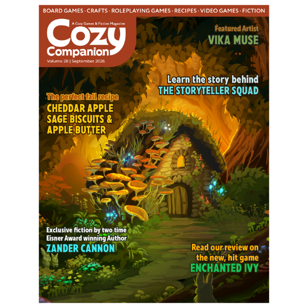 the cover of Cozy Companion volume 28, featuring art of a cozy mushroom cottage